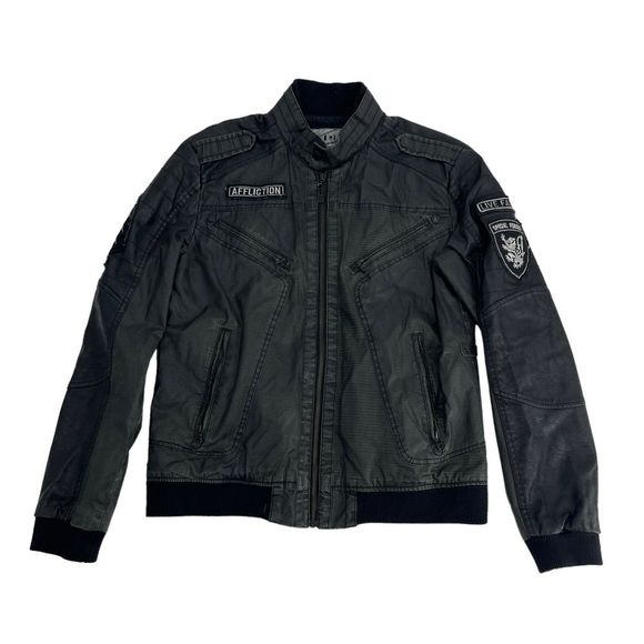 Affliction Jacket Men Small Black Full Zip Moto Motorcycle Combat Patchwork Moon